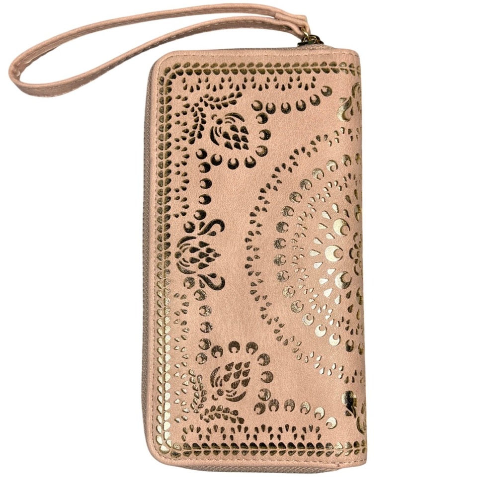 Blush Pink Laser Cut Mandala Gold Foil Zip Around Wristlet Wallet Boho Clutch